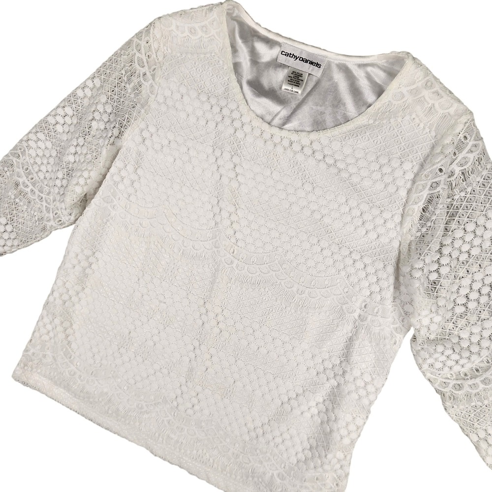 Cathy Daniels Lace Top Womens Large White 3/4 Sleeve Scoop Neck Lined